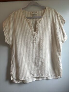 Ellen Tracy Cream and White Striped Short-Sleeve V-Neck Tunic In Linen